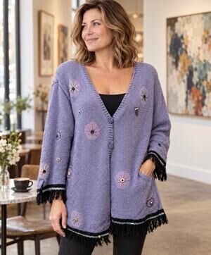Ann Trinity Women’s XL Purple Spider Web Fringe Cardigan Sweater Y2K Boho
